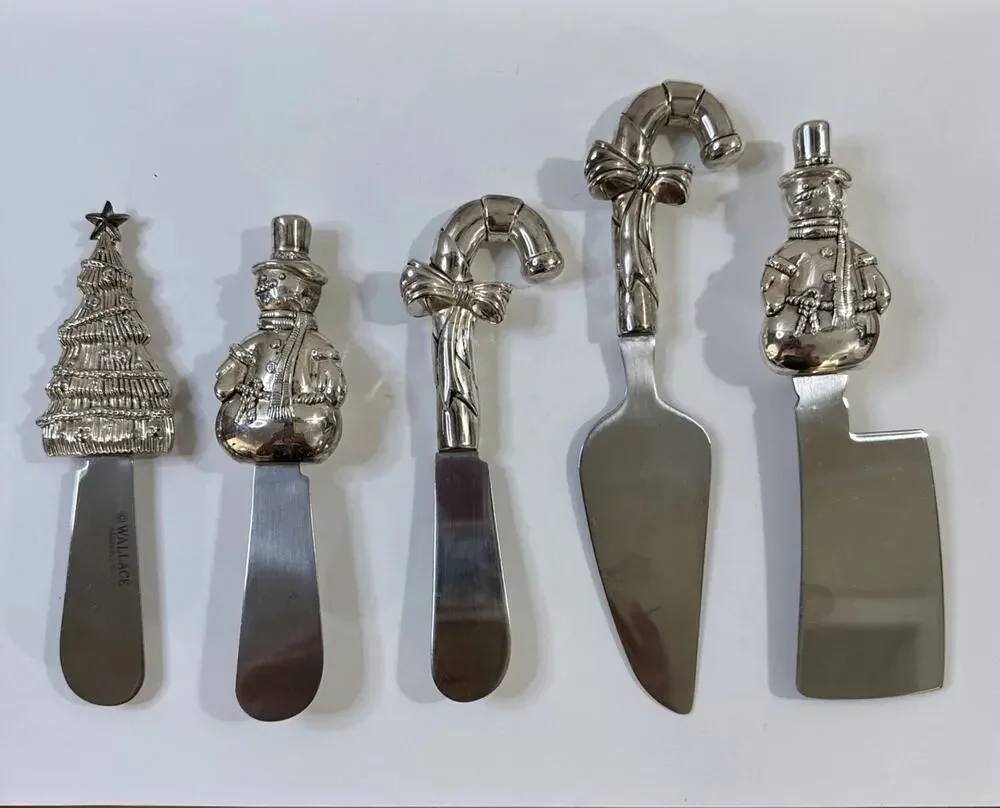 Wallace Christmas Tree Snowman Candy Cane Cheese Knife Spreader 5 Piece Set